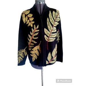 Tiara International black zip up  Gold leaf Cardigan, Med